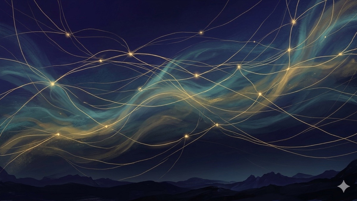 Luminous golden threads weave across a vast indigo sky over a dark landscape, symbolising Mercury's connective intelligence in Gemini rising