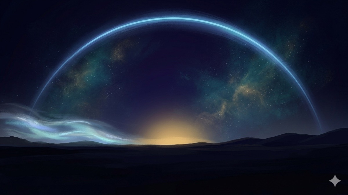 Three luminous celestial presences — Pisces shimmer, Taurus gold glow, Aquarius arc — united in one indigo night sky
