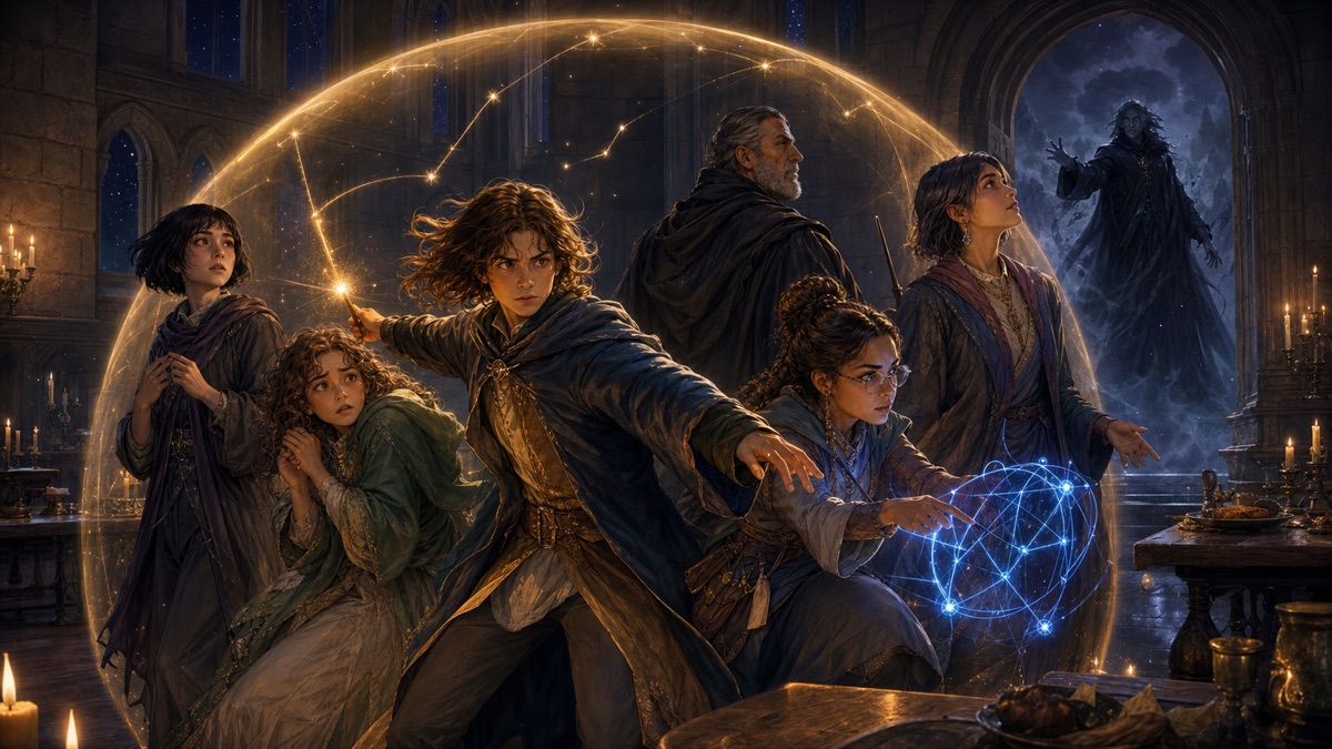 Original wizard-school character archetypes unite in a candlelit great hall, with a courageous leader protecting companions as subtle constellation light marks their contrasting roles.
