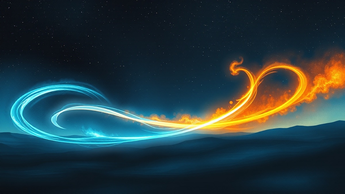 Silver-blue aurora and amber-gold fire trail arcing together at a sextile angle across a deep indigo night sky