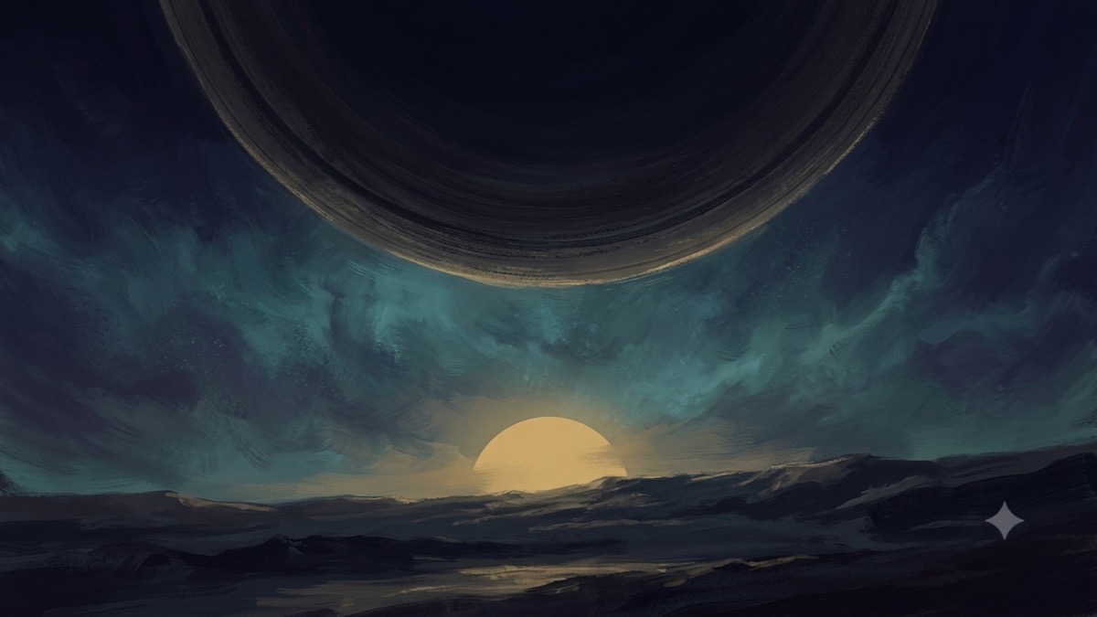 A dimming sun pressed beneath Saturn's rings in a deep indigo sky, evoking duty-versus-vitality tension at the core of astrological burnout