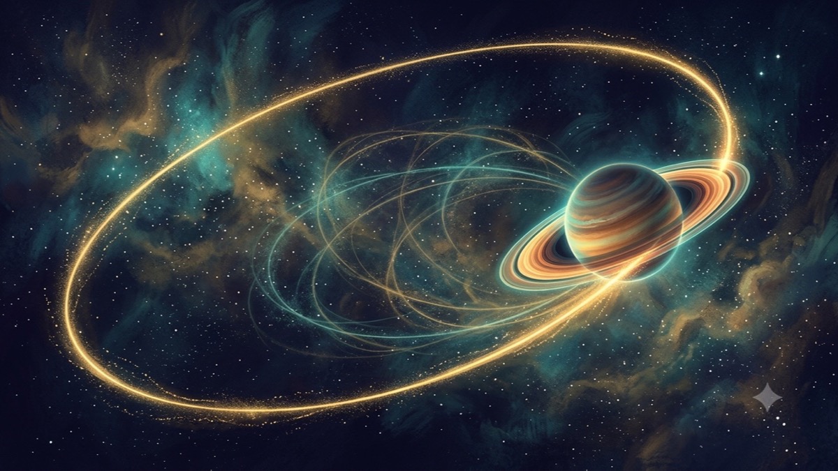 Saturn completing its 29.5-year orbital return, golden arc tracing the cyclical path through deep indigo cosmic space