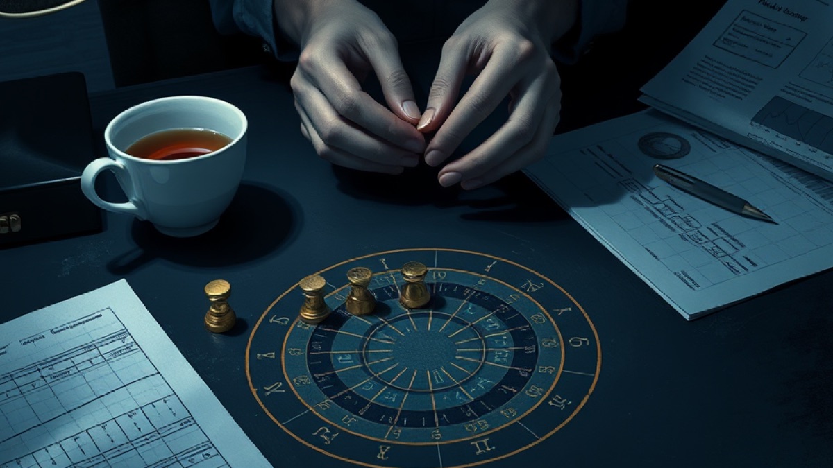 Hands sort four paired brass markers on a late-night study desk beside an unlabeled circular zodiac wheel and scattered graph paper.