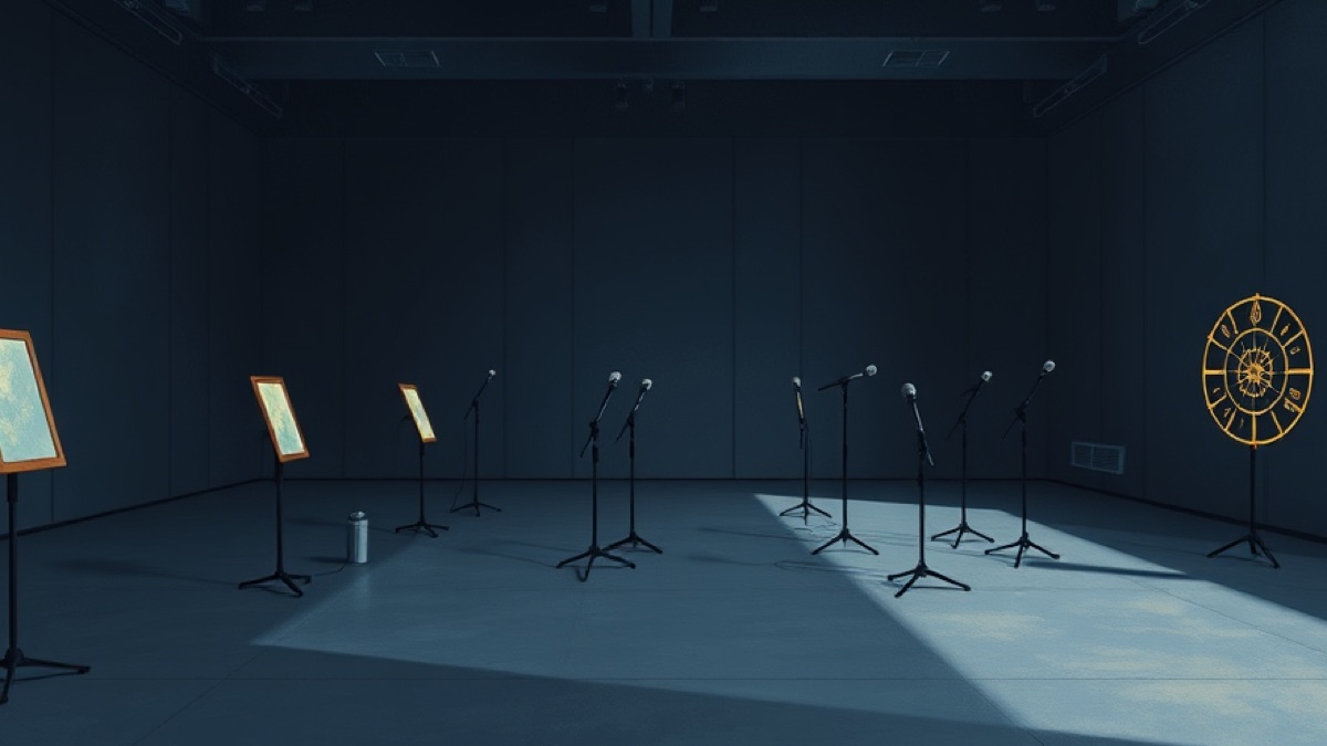 A row of microphone stands and lit standing mirrors across an empty rehearsal room, a small zodiac wheel glowing at the right.