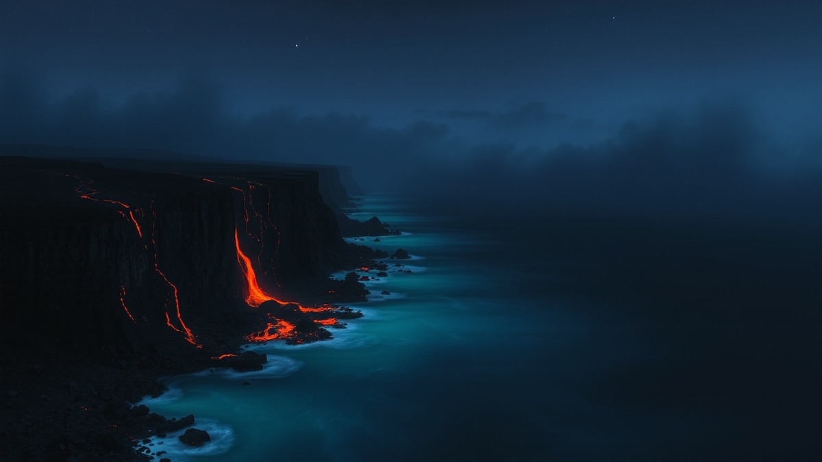 Volcanic coastline at twilight where glowing lava flows meet a deep dark ocean pulsing with teal light