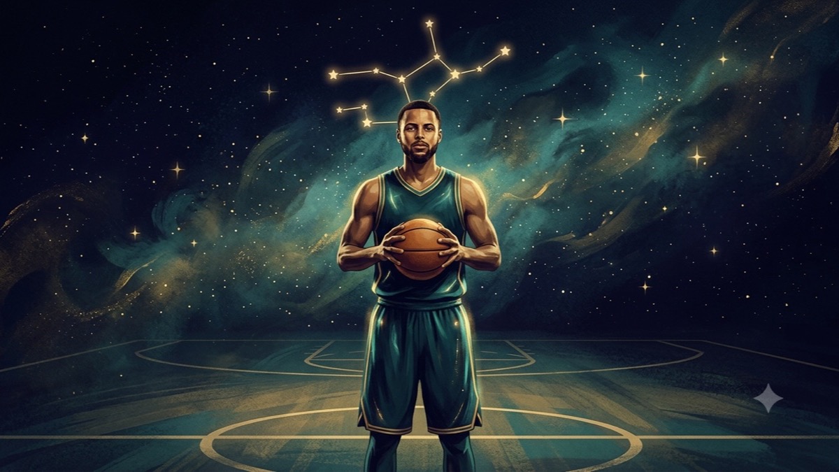 Stylized celestial portrait of a basketball point guard with a Virgo constellation glowing overhead in an indigo starfield