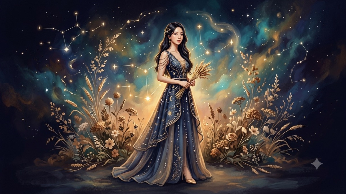 Painterly editorial portrait of a graceful K-pop artist figure with Virgo botanical and celestial star motifs in deep indigo and gold