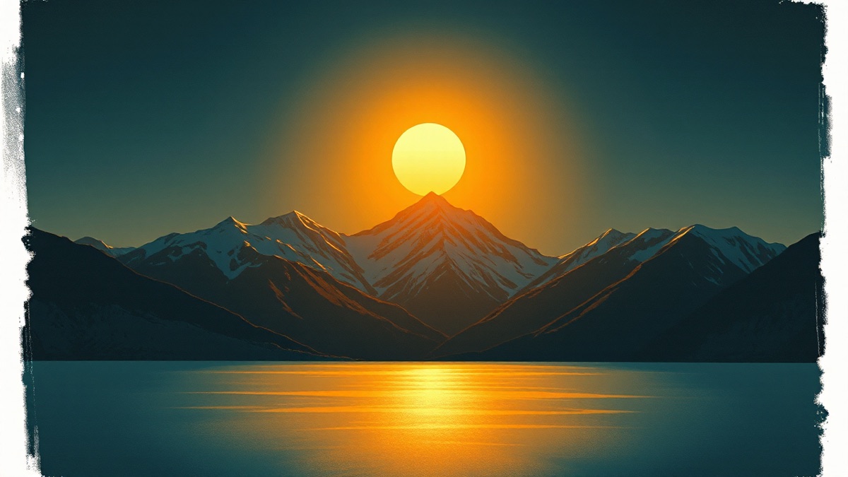 Painterly alpine twilight, glowing golden sun over mountain peaks and still lake, evoking Leo's steady fire
