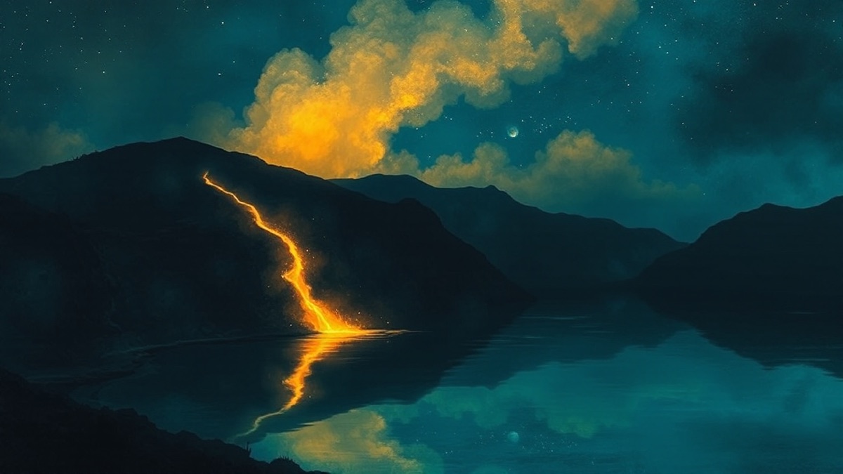 Scorpio intensity as a single gold river of light flowing from dark volcanic terrain into a glassy midnight sea