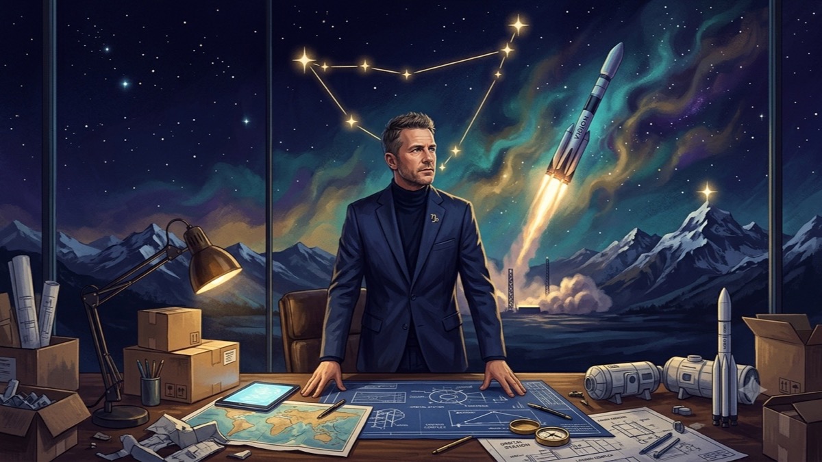 Stylized editorial portrait of a visionary entrepreneur beneath an indigo sky with a rocket silhouette and Capricorn star-lines