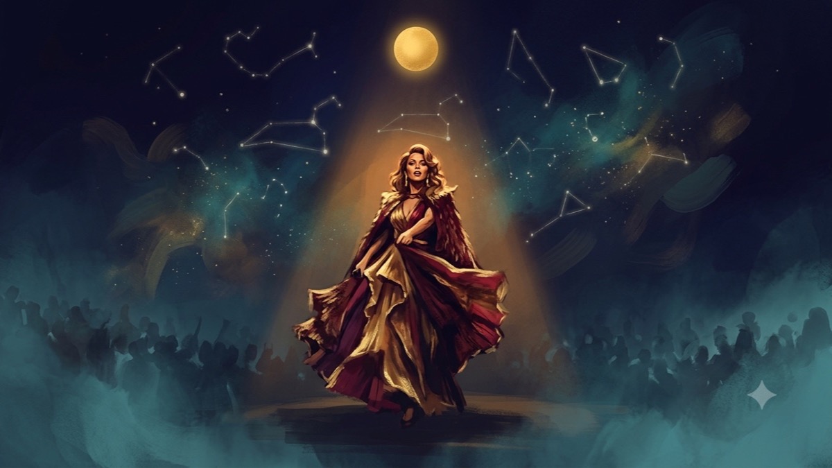 Painterly editorial portrait of Jennifer Lopez as a Leo performer bathed in gold spotlight beneath a zodiac-constellation sky