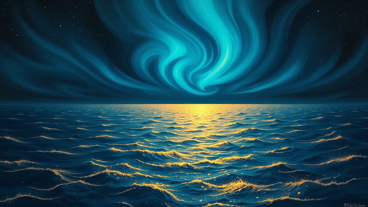 Night seascape: warm glowing tidal waters meet cool electric auroras, evoking Jessica Pegula's Pisces–Aquarius birth chart tension