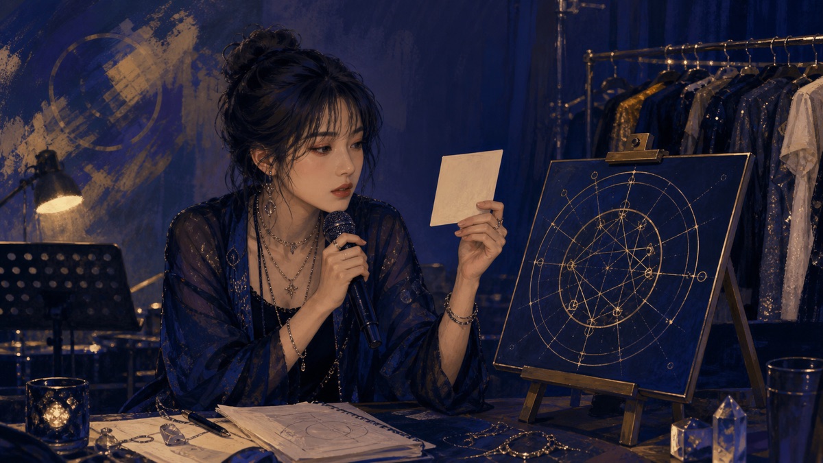 An original Korean singer-songwriter archetype compares a plain birth-data card with a circular natal chart in a rehearsal studio.