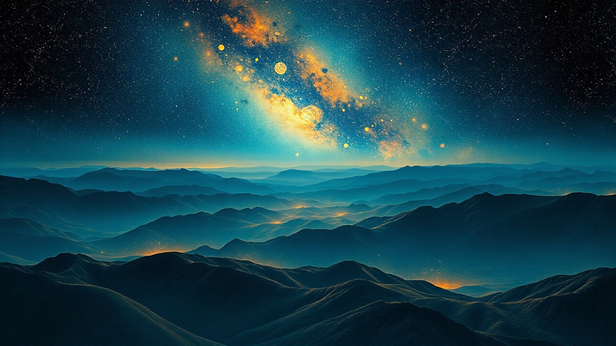 Painterly mountain landscape dissolving into a deep indigo nebula sky, gold light rising from the earth — John Denver birth chart