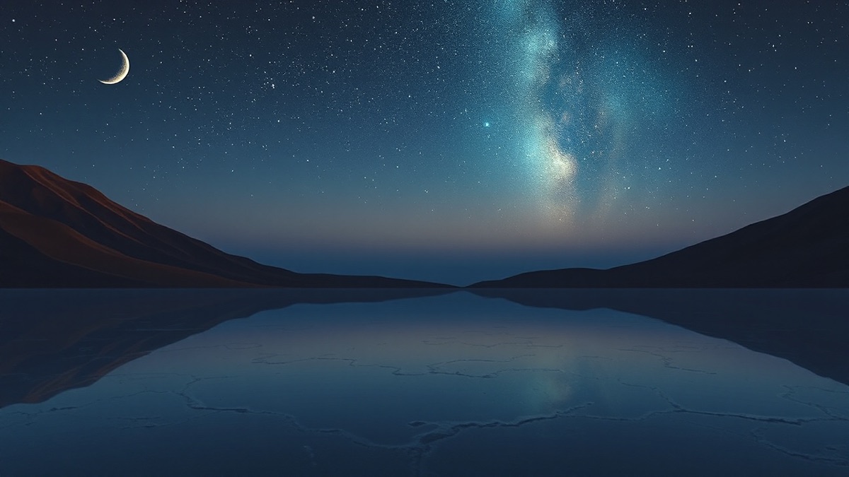Crescent moon rising over desert dunes beside an ancient crown of stars in one indigo sky — Jordan vs Argentina founding-chart contrast