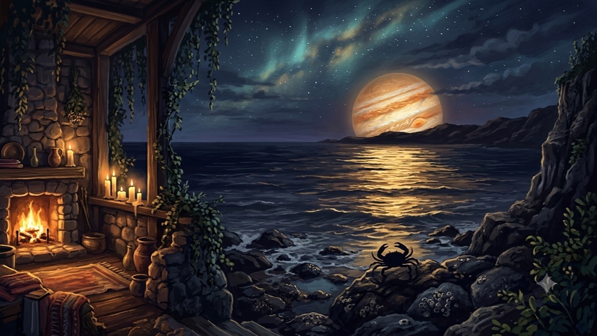 Jupiter glowing gold above a coastal home at twilight, symbolizing growth through nurturing and belonging in Jupiter in Cancer