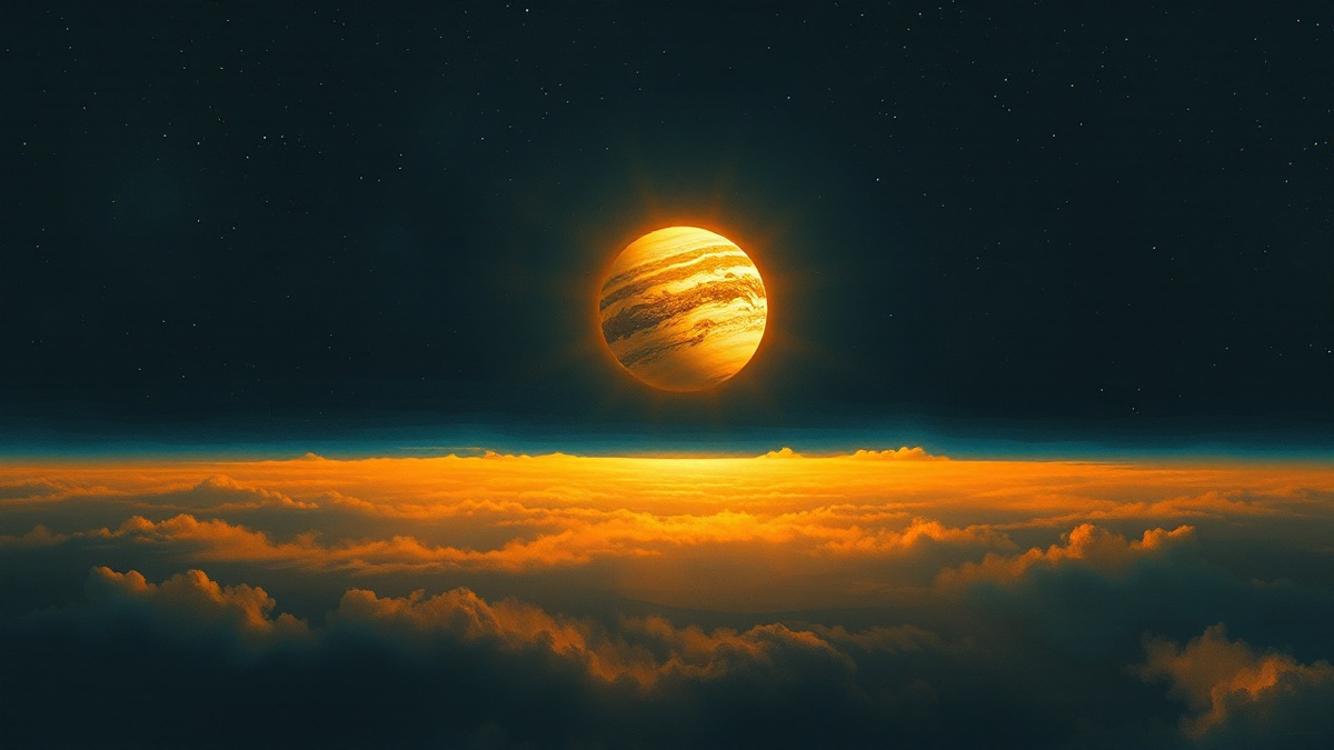 Cosmic landscape with a blazing Jupiter-gold orb expanding light across the horizon, evoking Kai Cenat's Sagittarius Sun energy