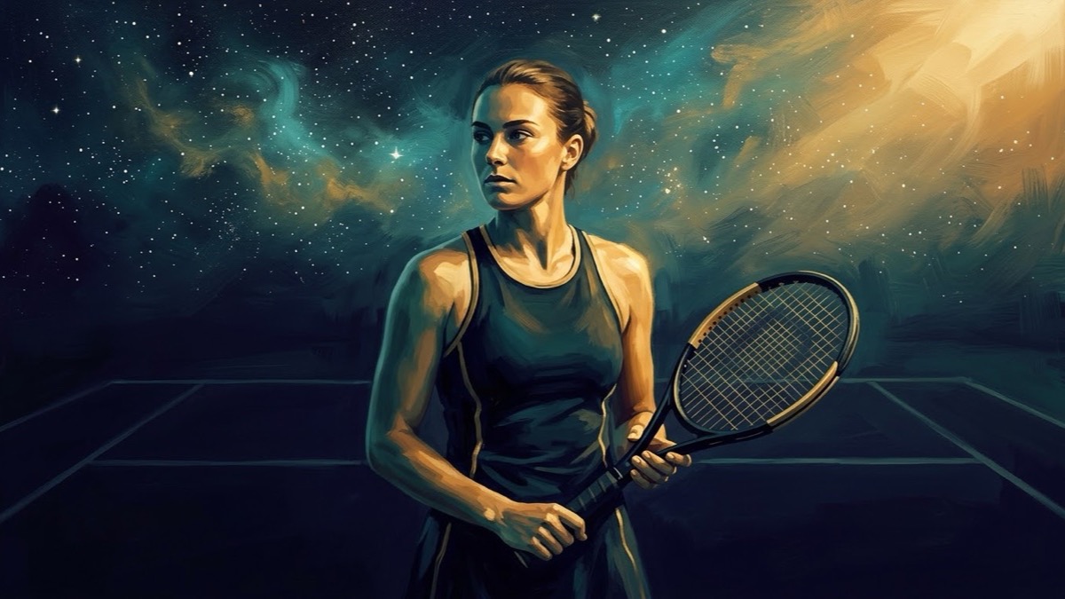 Painterly portrait of a tennis player in Leo gold and Scorpio indigo celestial light representing Karolína Muchová birth chart