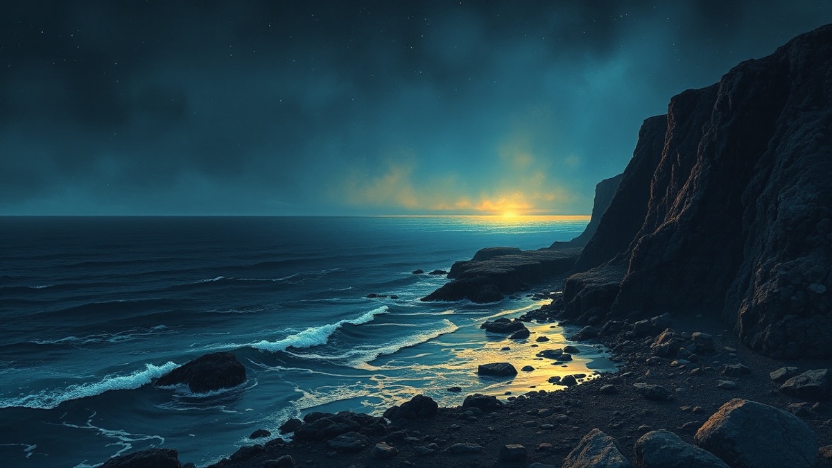Twilight coastline where luminous sea meets volcanic rock shore, evoking the water-earth axis of Kevin De Bruyne's birth chart