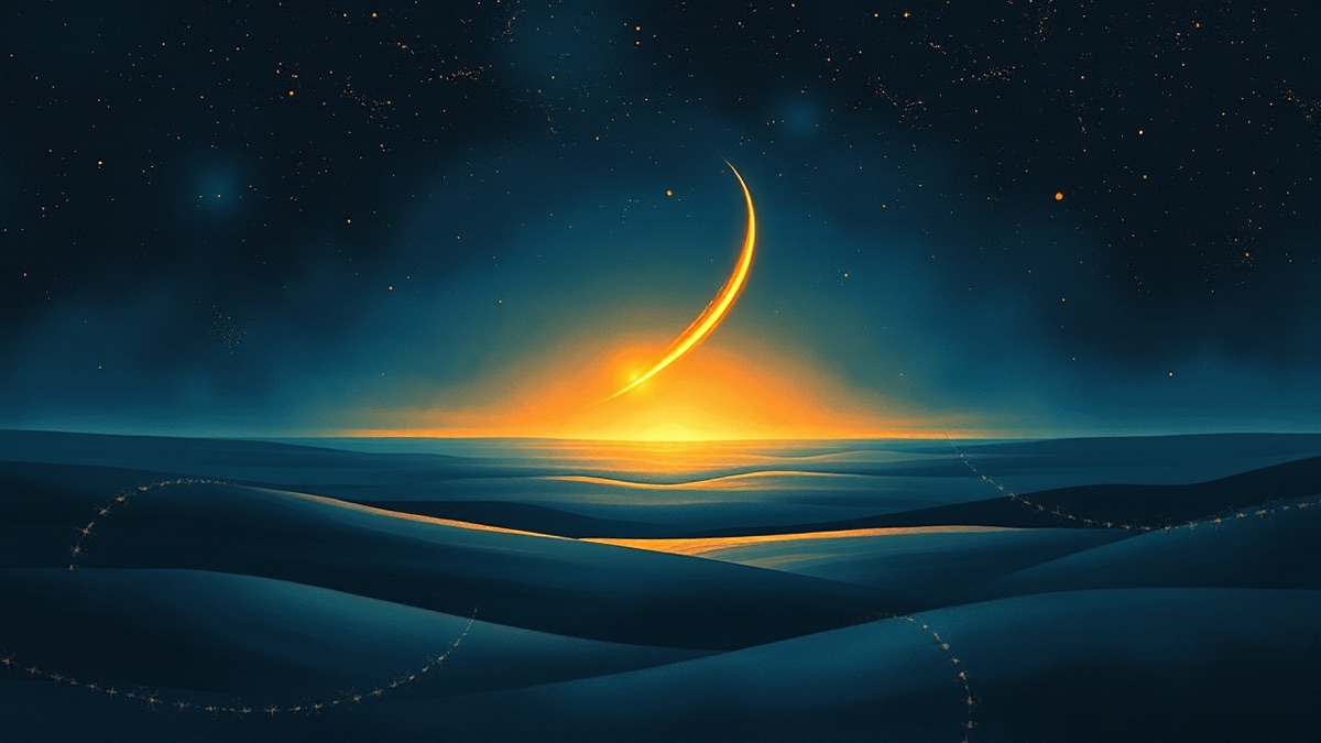 Golden comet arcing across a vast indigo cosmos toward a luminous horizon, symbolising Sagittarius expansive fire and long-range boldness