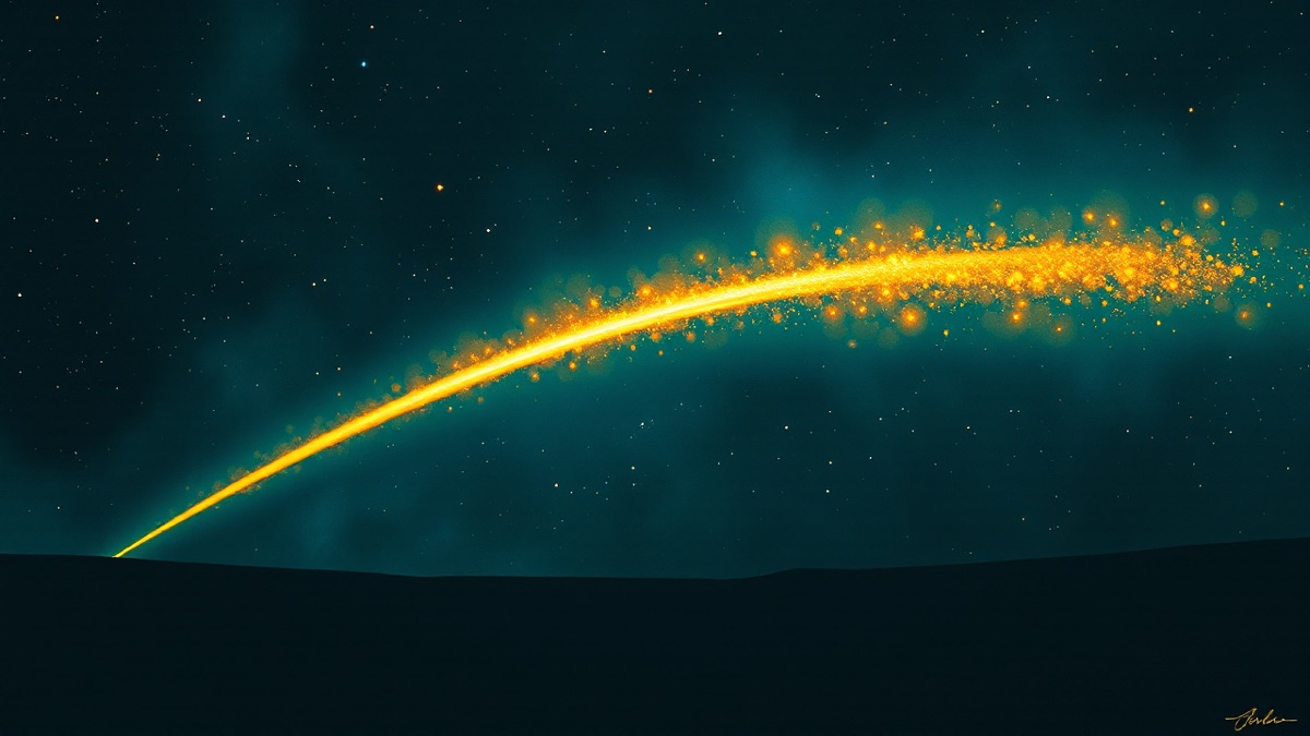 Golden comet blazing across a deep indigo sky with teal nebulae — Kylian Mbappe birth chart