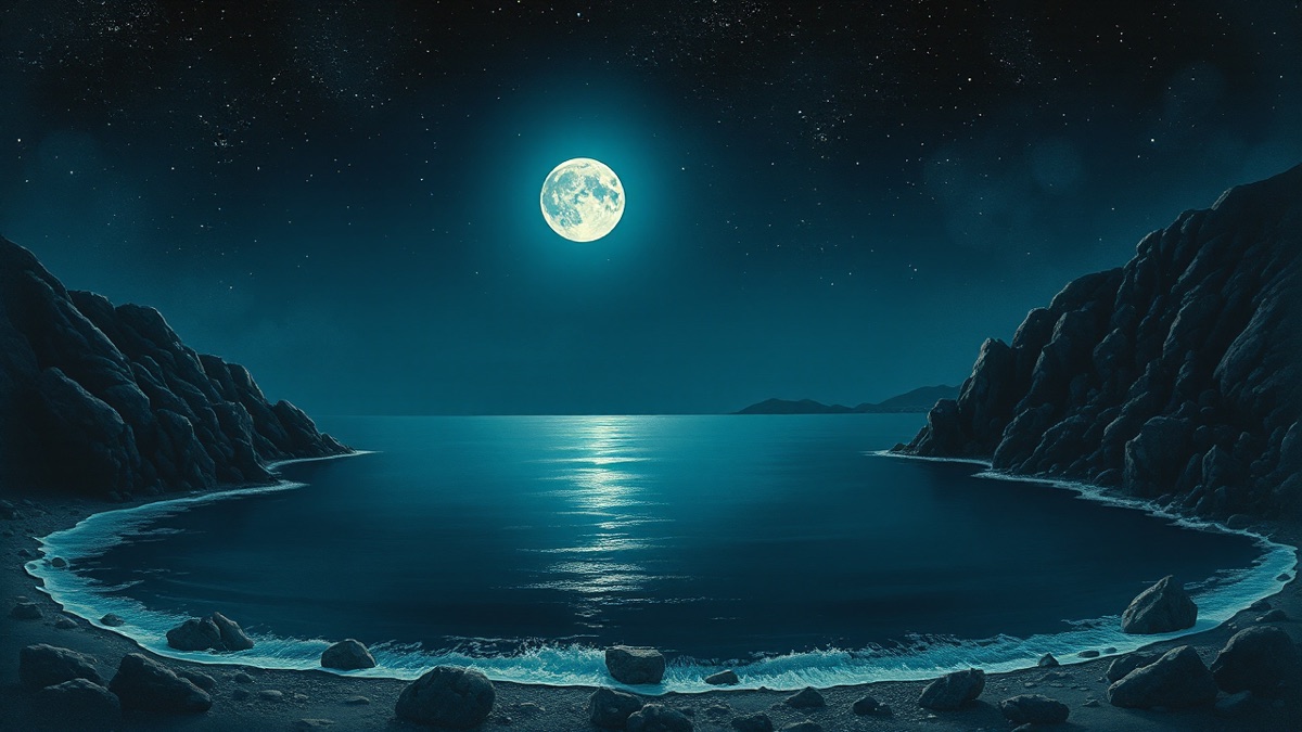 Moonlit tidal cove at midnight, one silver moon path on still dark water, rocky cliffs cradling the bay — Cancer Sun protective instinct
