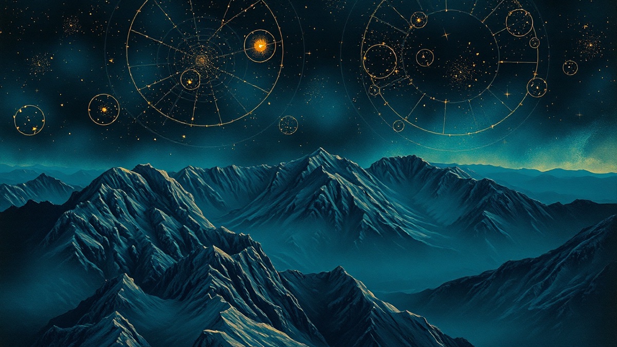 Planetary orbs arcing over a mountain ridge at night, symbolising LeBron James's full birth chart as a whole sky pattern