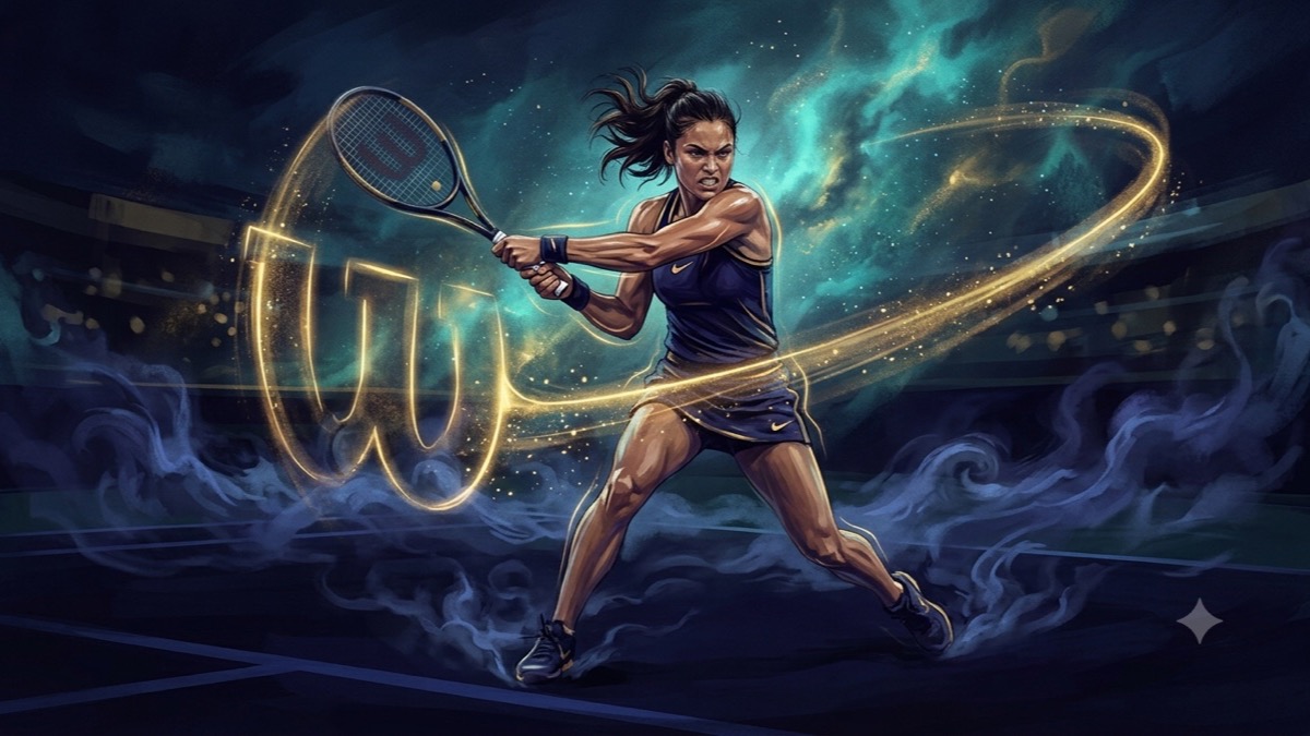 Stylized editorial portrait of a Scorpio tennis player mid-swing on a dark court under teal-and-gold cosmic light