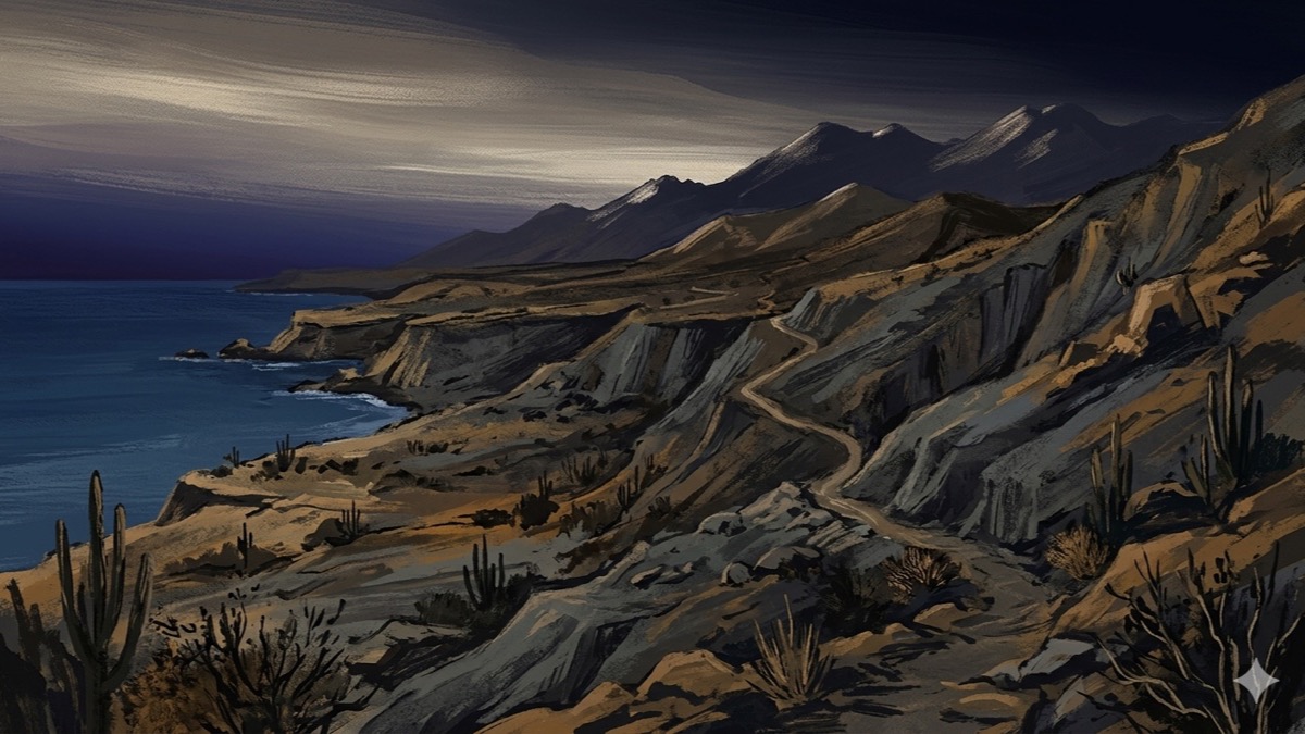 Arid La Guajira coast of Colombia rising toward distant mountain peaks at dusk under a cool Saturn-toned silver-bronze sky