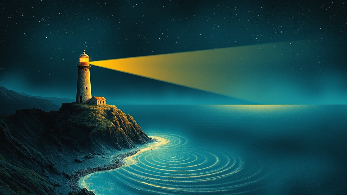 Lone lighthouse on dark cliffs, golden beam over an indigo sea — Modrić's Virgo precision and Scorpio composure in one scene