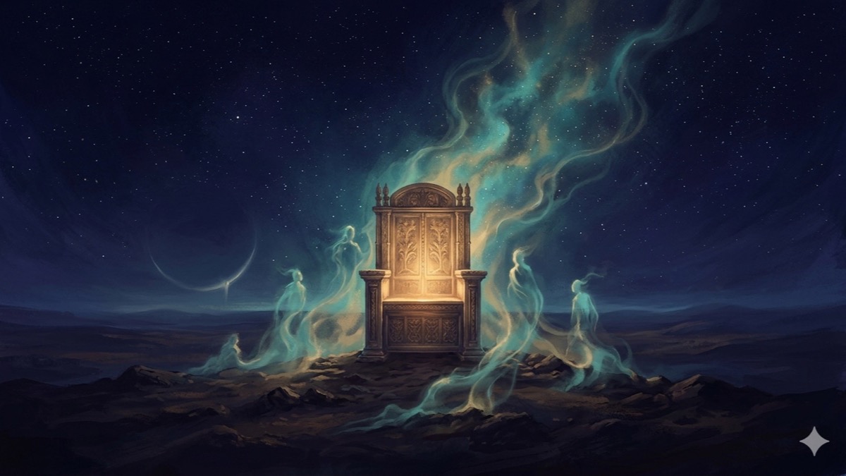 An ancient throne glowing with inherited gold in a vast night landscape, ancestor spirits rising as mist around it