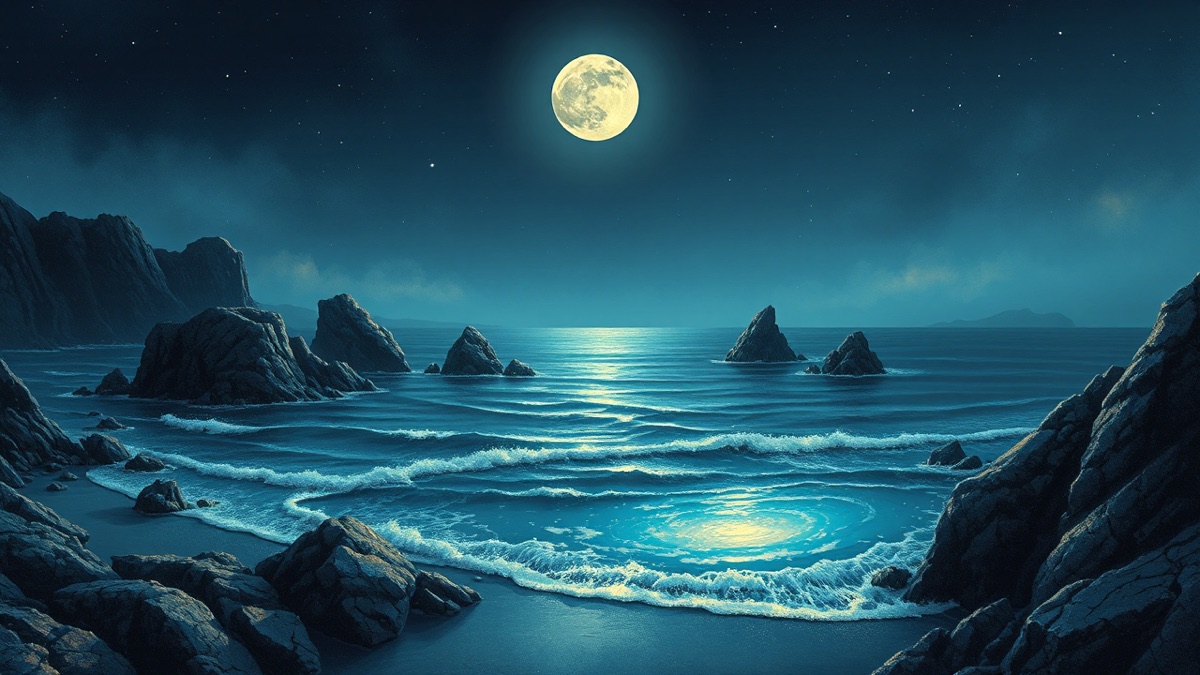 Moonlit coastal seascape at dusk, a pearl moon rising over dark ocean with gold light rippling across still water toward ancient sea-stacks