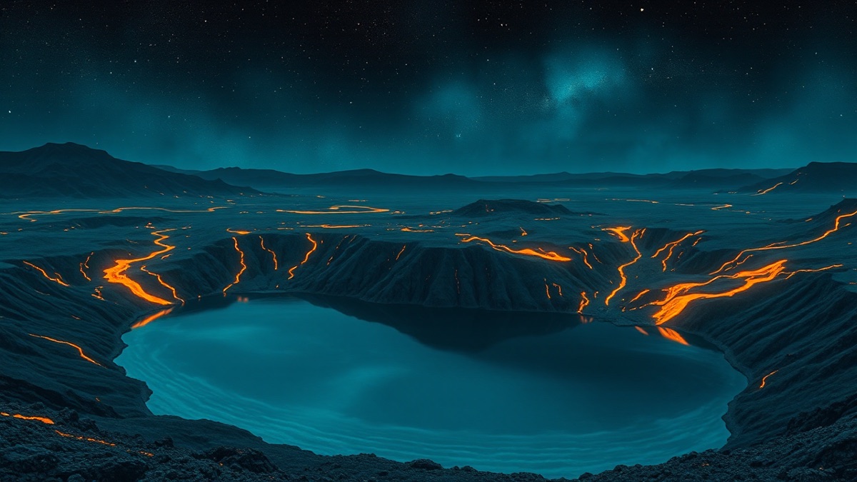 Volcanic lava rivers flowing silently into a dark still lake, fire reflected in water under an indigo night sky