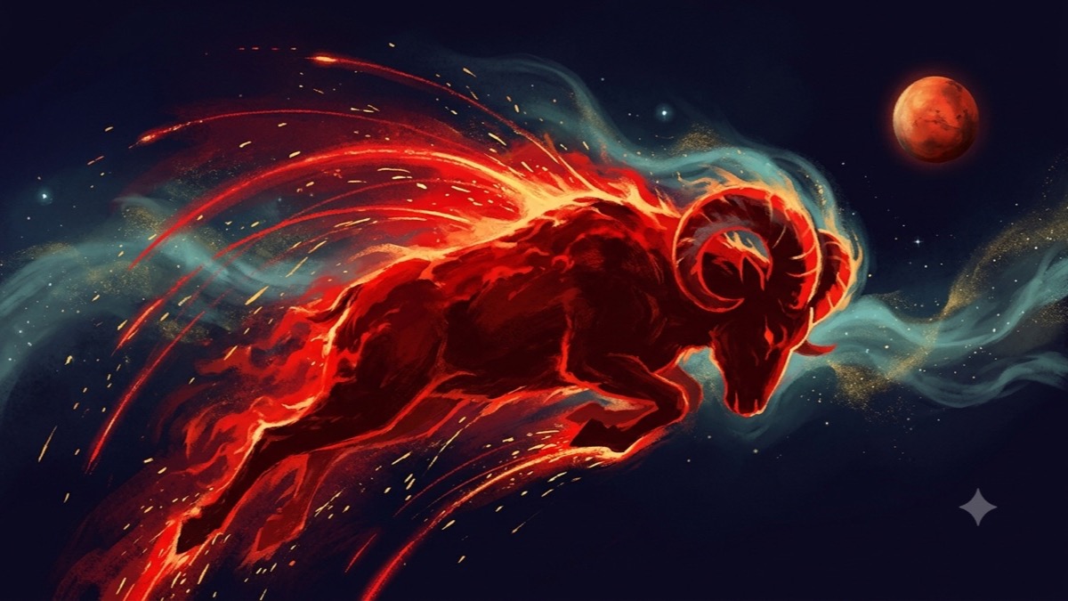 Fire-red ram surging at the moment of ignition, Mars as a red ember, gold sparks and teal nebula ribbons against a deep indigo cosmos