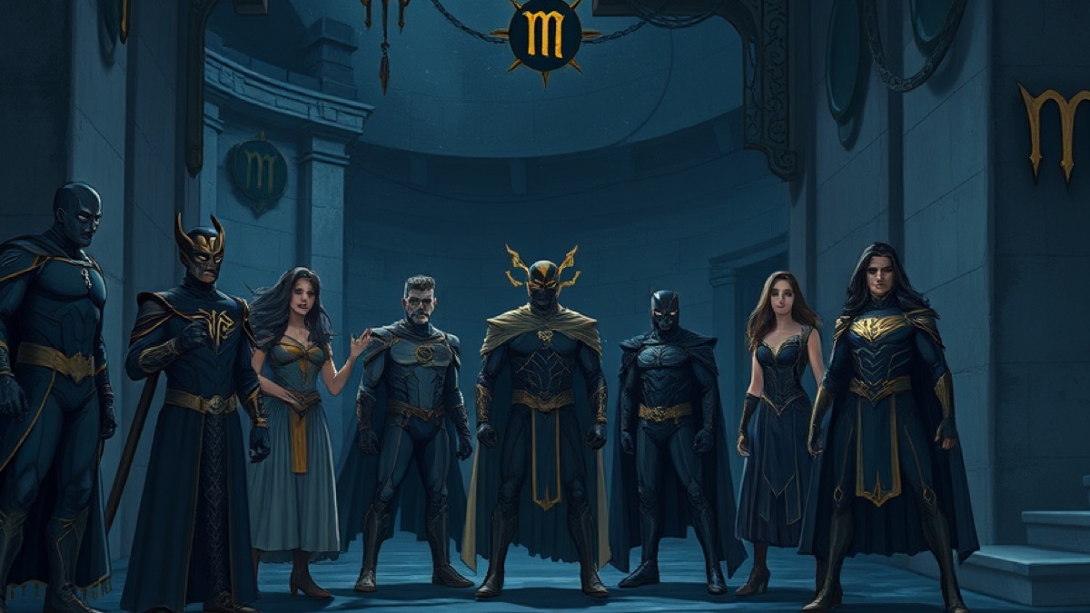 An ensemble of original invented superhero archetypes in a vaulted stone hall hung with gold zodiac glyphs, no real emblems or likenesses.