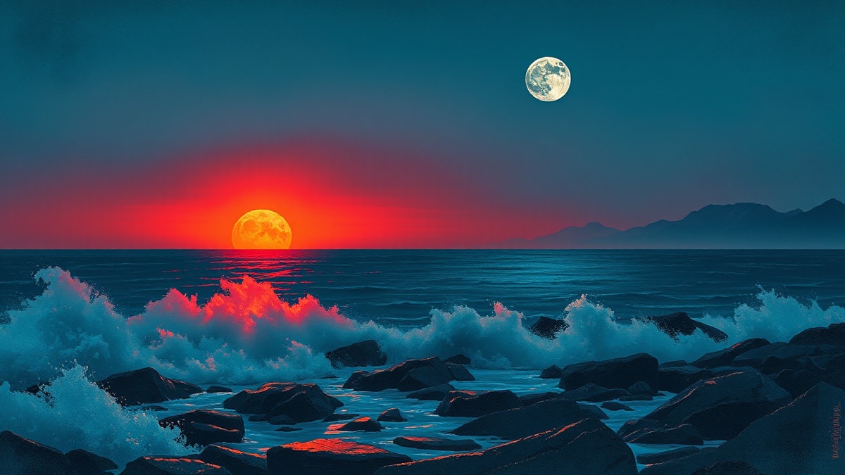 Twilight coastal landscape uniting a blazing sun, protective sea mist, and a wandering moon in one continuous sky