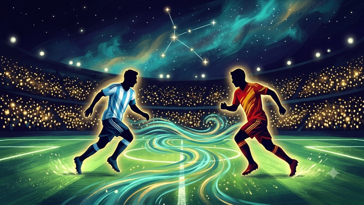 Two stylized footballers in Argentina and Spain colors on a luminous pitch under a Cancer constellation arc, symbolizing Messi and Yamal's shared zodiac sign