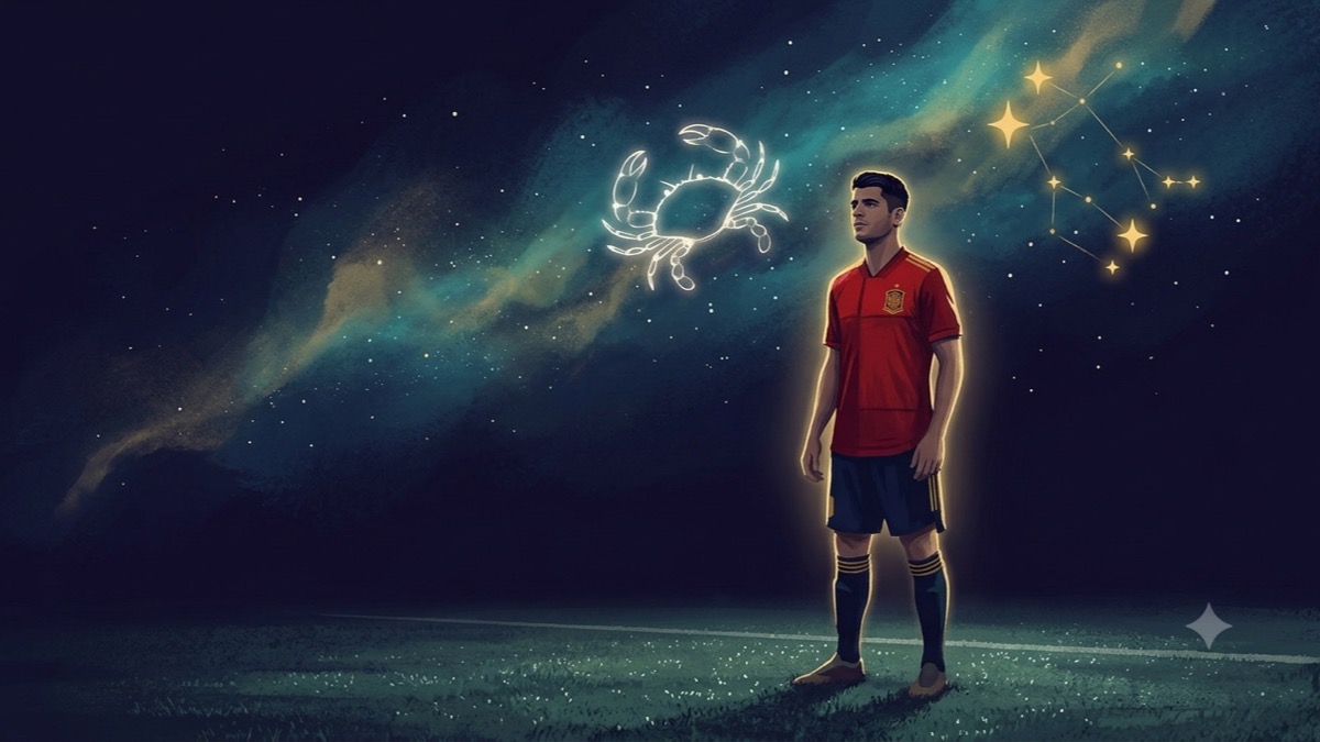 Stylized editorial portrait of Mikel Merino on a dusk football pitch under Cancer and Gemini constellations