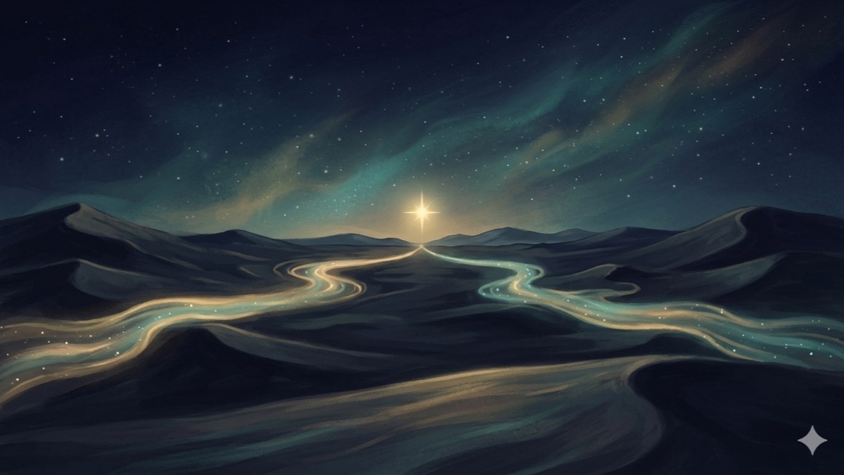 Twin rivers of gold light converging at the horizon over an Egyptian desert night sky — Mo Salah Gemini birth chart illustration