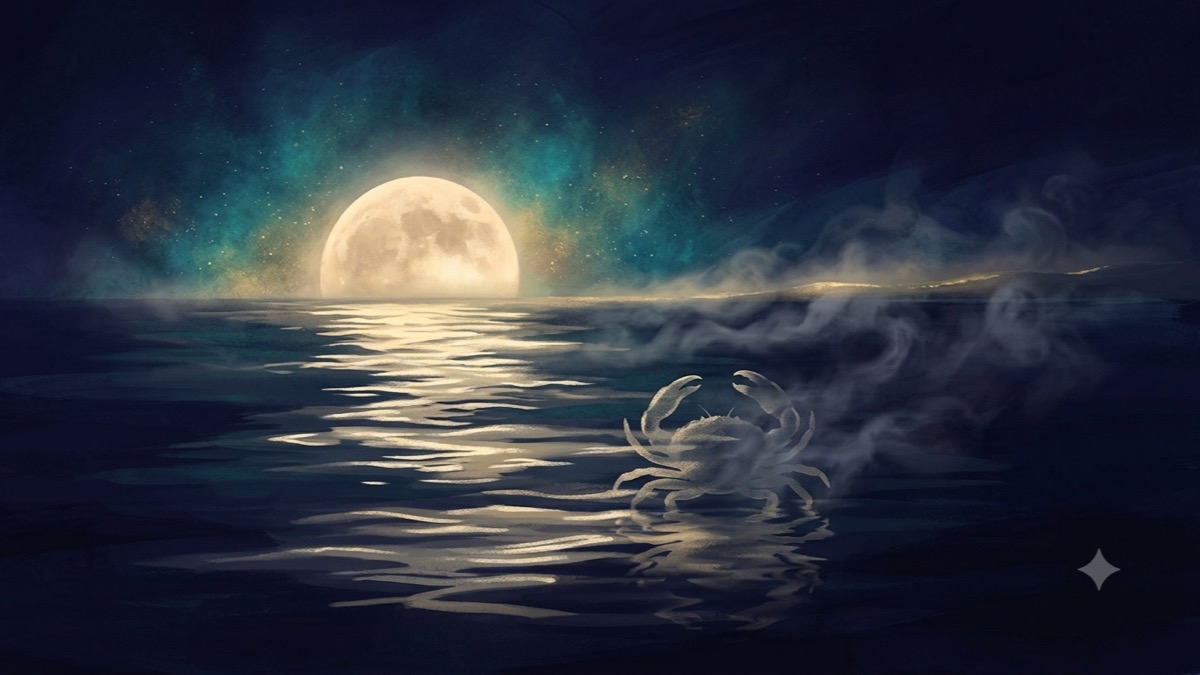 Full moon over a dark tidal sea with gold-silver ripples and a translucent crab silhouette — the emotional depth of Moon in Cancer