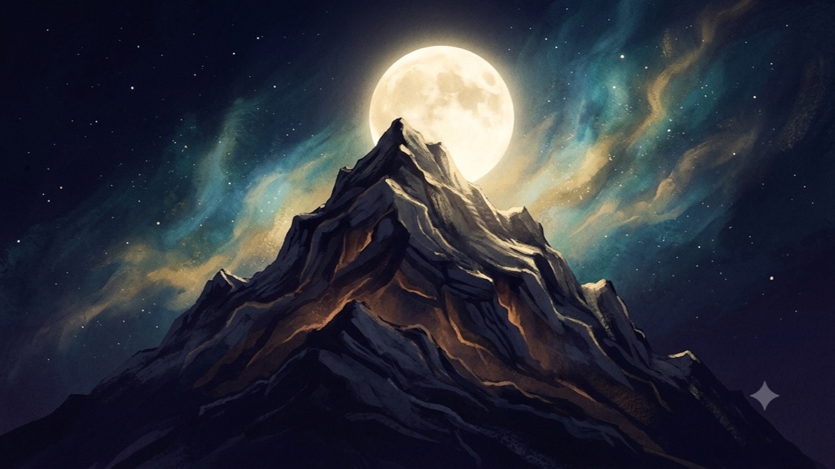 A lone mountain peak under a full moon in deep indigo sky, evoking Moon in Capricorn's guarded emotional depth