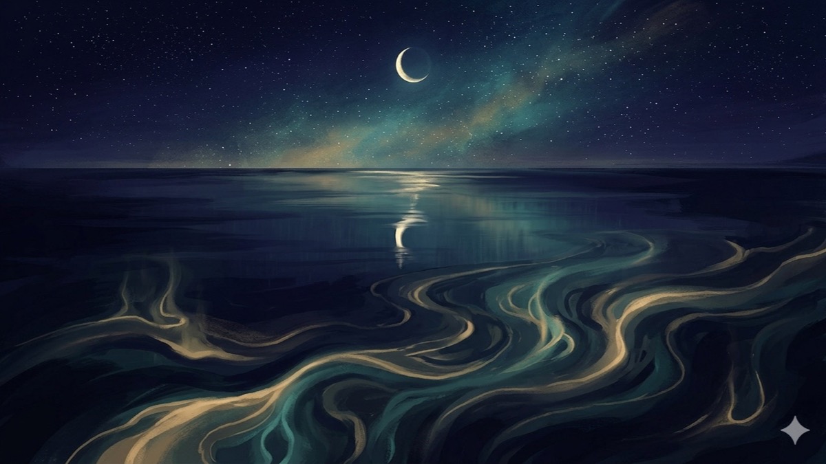 Moonlit seascape with glowing tidal currents beneath a still surface, representing inner emotional depths and outer first impressions