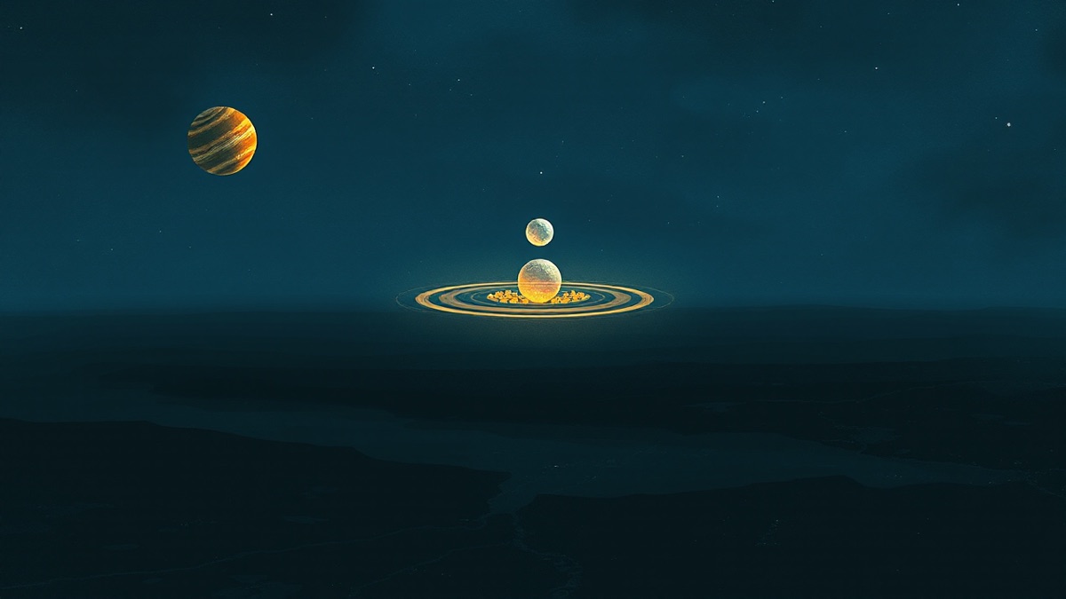 Tiered luminous orbs arcing across a nocturnal landscape, overlapping halos on dark terrain — Morocco World Cup 2026 astrology