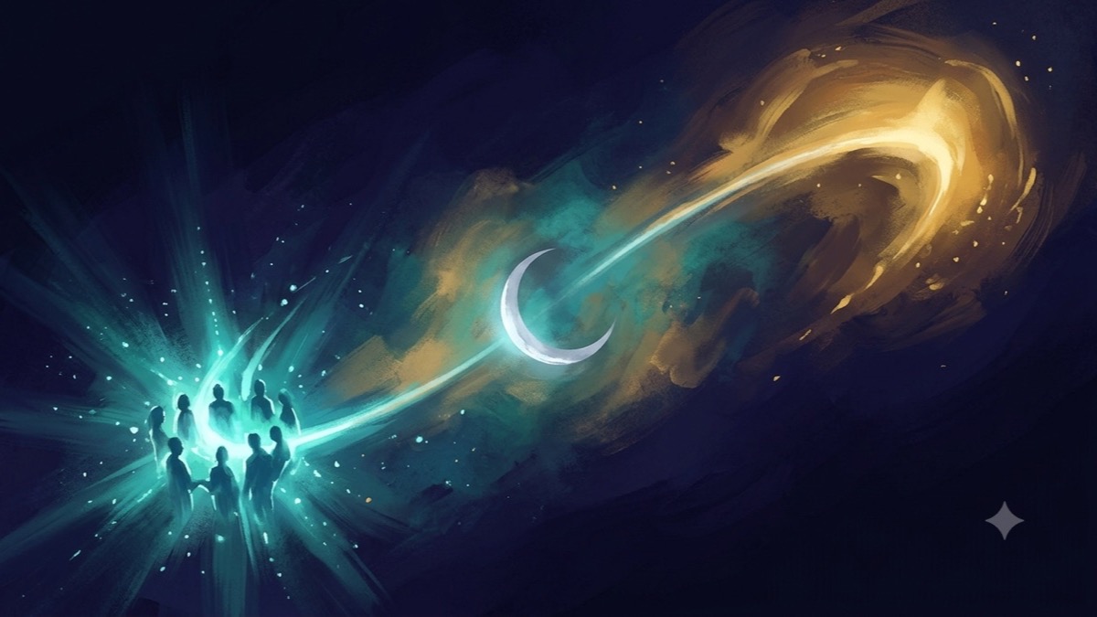 Lunar node axis across a deep indigo cosmos — Aquarian teal network on one pole, golden Leo warmth dissolving on the other