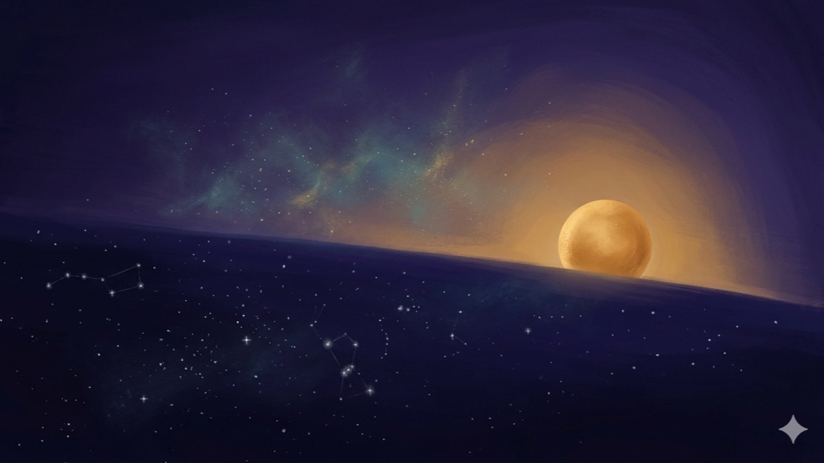 A single golden sun crests an indigo cosmic horizon as cool silver starforms recede into the collective dark