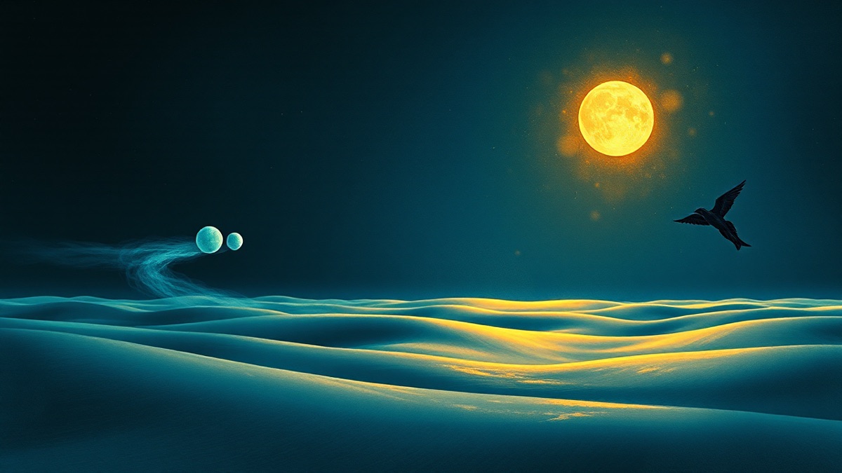 Twin luminous orbs in cosmic dialogue across an indigo plain, evoking Gemini duality and adaptability