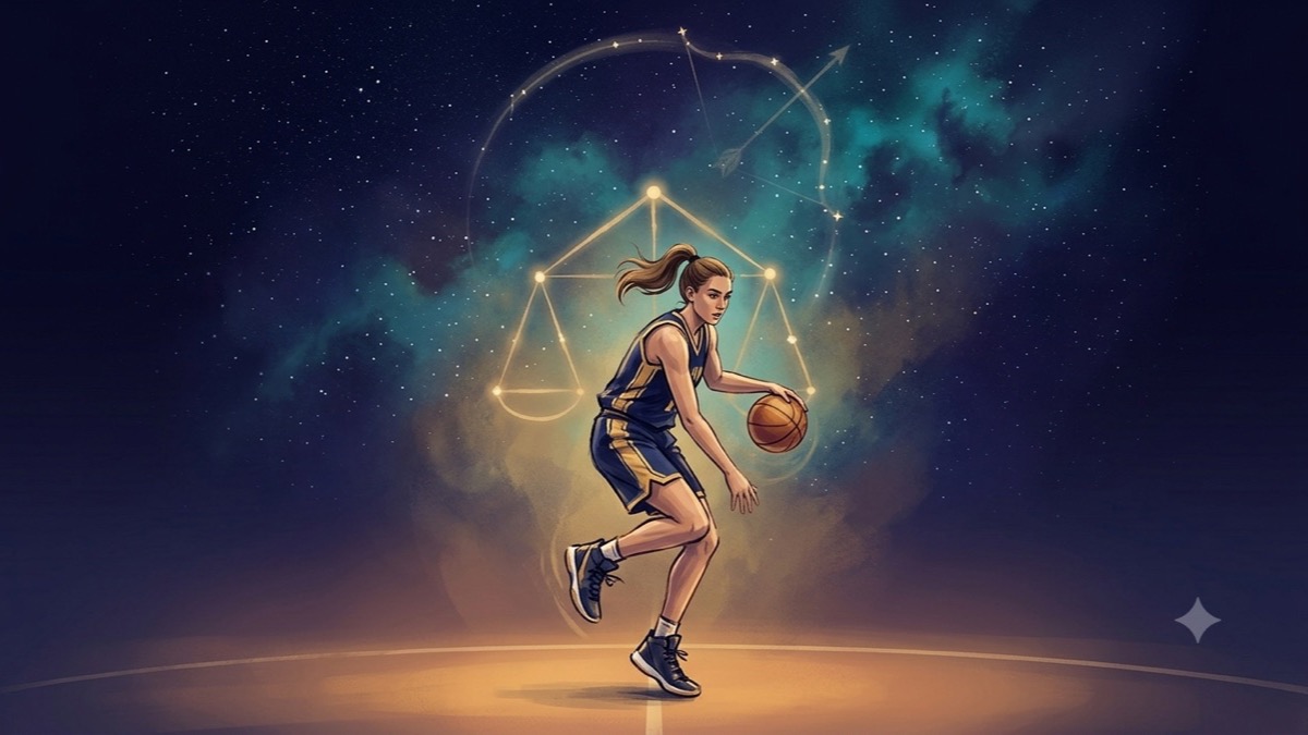 Stylized editorial portrait of a basketball player beneath a glowing Libra constellation sky in deep indigo and gold