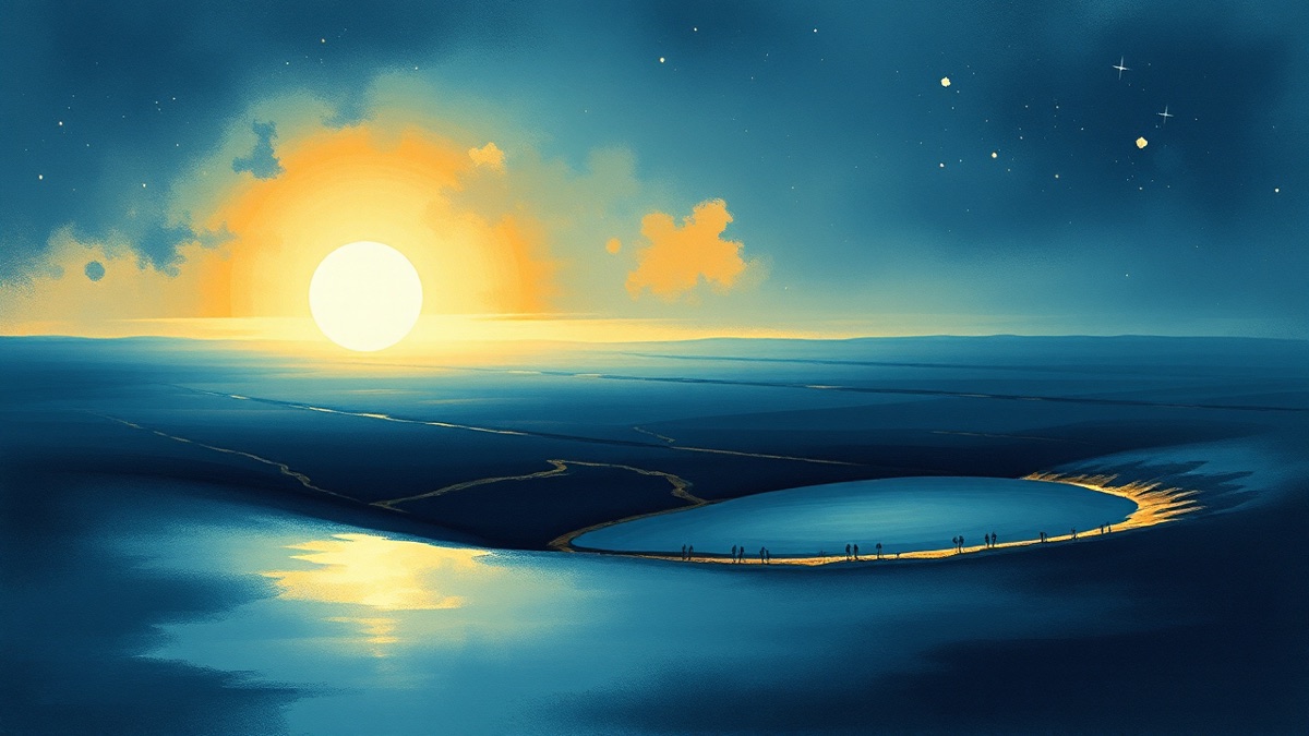 Continuous solstice landscape where an airy golden expanse flows into a calm sheltered inlet across one unbroken glowing horizon