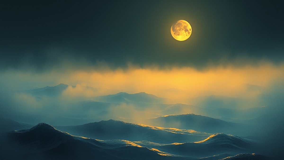 Moonlit ocean at twilight, crescent moon rising over dark indigo waves, warm golden mist on the surface, private depths below