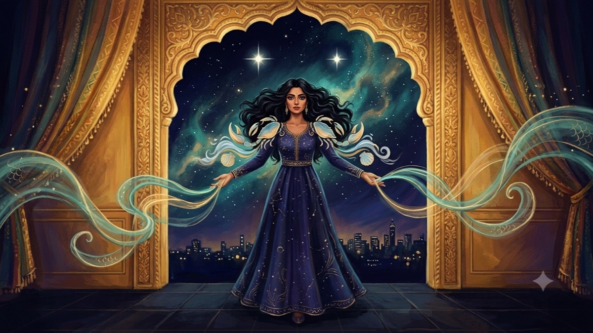 Stylized editorial portrait evoking Priyanka Chopra's birth chart — Cancer, Libra, and Gemini energies as celestial motifs